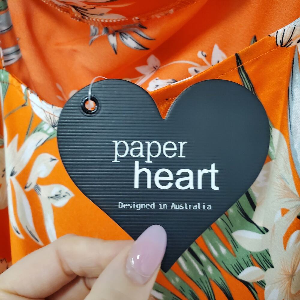 Paper Heart Silky Maxi Dress M Orange Floral Cowl Neck High Slit Garden Party - Picture 7 of 16